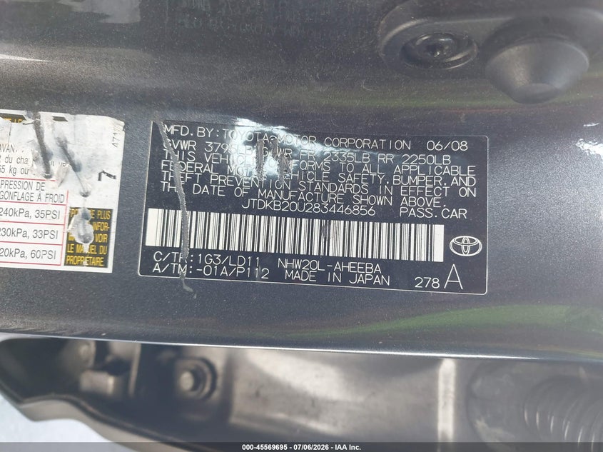 2008 Toyota Prius VIN JTDKB20U283446856 IAAI salvage auction — NORMAL WEAR, Salvage Title - Dealer (California), sold $875 on 2026-07-15 (photo 9)