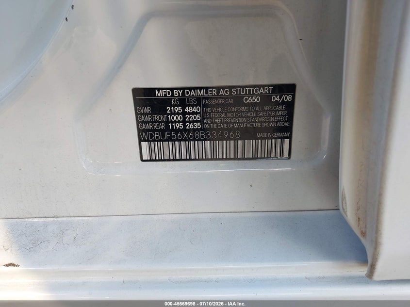 2008 Mercedes-benz E-class VIN WDBUF56X68B334968 IAAI salvage auction — REAR END, Salvage Certificate (California), sold $425 on 2026-07-17 (photo 9)