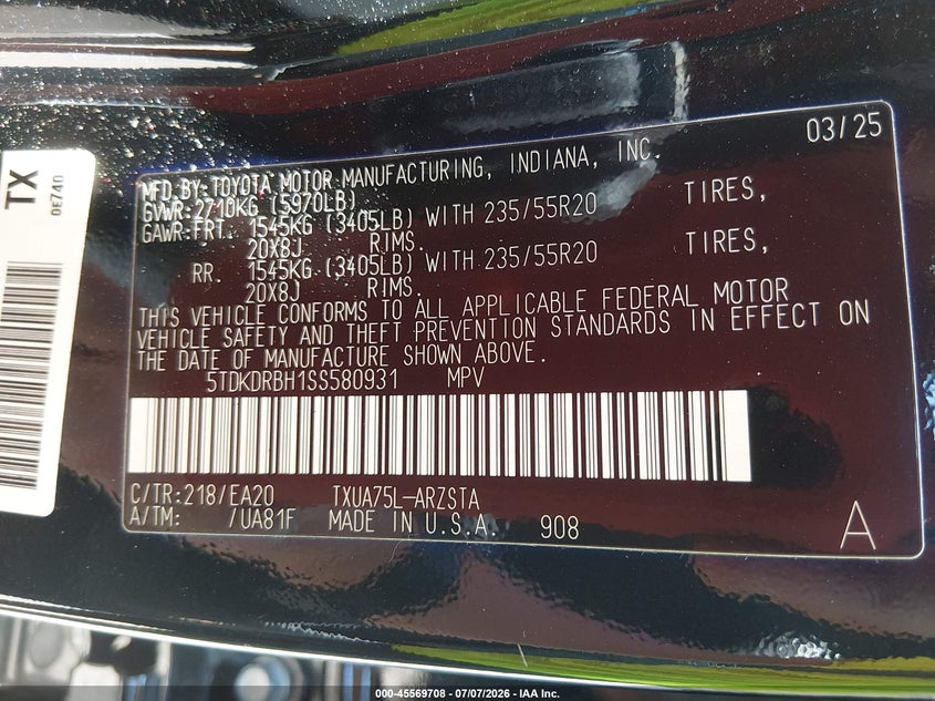 2025 Toyota Highlander VIN 5TDKDRBH1SS580931 IAAI salvage auction — FRONT END, Salvage Title, sold $15,600 on 2026-07-29 (photo 9)