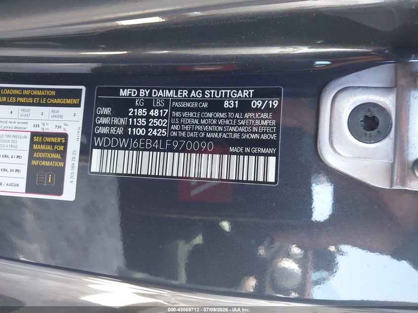 2020 Mercedes-benz VIN WDDWJ6EB4LF970090 IAAI salvage auction — FRONT END, Salvage Title, sold $15,025 on 2026-08-13 (photo 9)