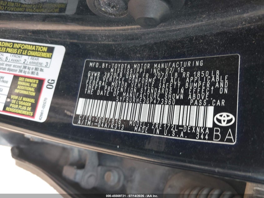 2016 Toyota Corolla VIN 5YFBURHE3GP473960 IAAI salvage auction — REAR END, Salvage (Ohio), sold $1,600 on 2026-07-28 (photo 9)