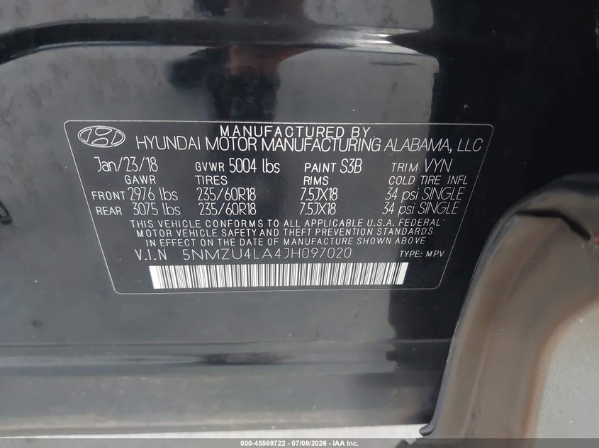 2018 Hyundai Santa fe VIN 5NMZU4LA4JH097020 IAAI salvage auction — REAR END, Rebuildable (Florida), sold $3,400 on 2026-07-23 (photo 9)