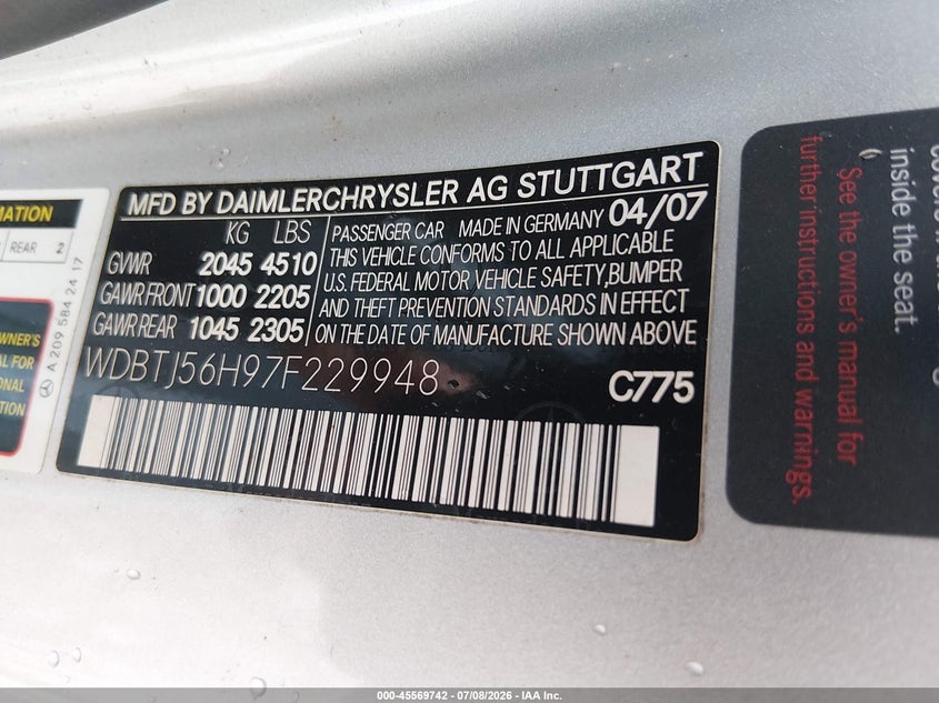 2007 Mercedes-benz Clk-class VIN WDBTJ56H97F229948 IAAI salvage auction — REAR END, Salvage (Tennessee), sold $600 on 2026-08-13 (photo 9)