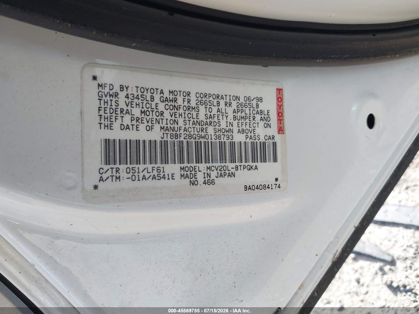 1998 Lexus Es 300 VIN JT8BF28G9W0138793 IAAI salvage auction — NORMAL WEAR, Clear (Florida), sold $1,350 on 2026-07-21 (photo 9)