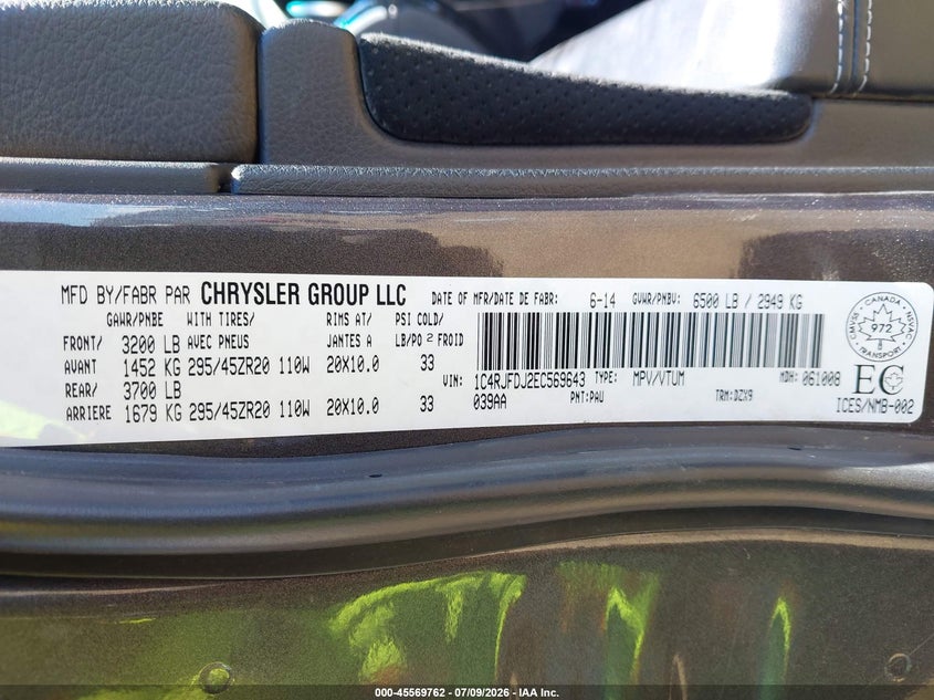 2014 Jeep Grand cherokee VIN 1C4RJFDJ2EC569643 IAAI salvage auction — FRONT END, Bill Of Sale (Washington), sold $7,100 on 2026-07-29 (photo 9)