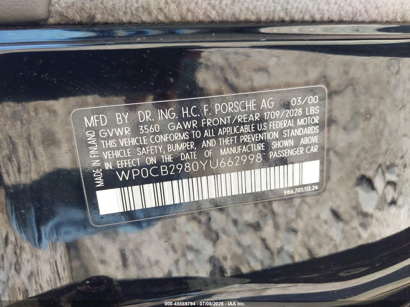 2000 Porsche Boxster VIN WP0CB2980YU662998 IAAI salvage auction — FRONT END, Salvage (Pennsylvania), sold $1,350 on 2026-07-28 (photo 9)