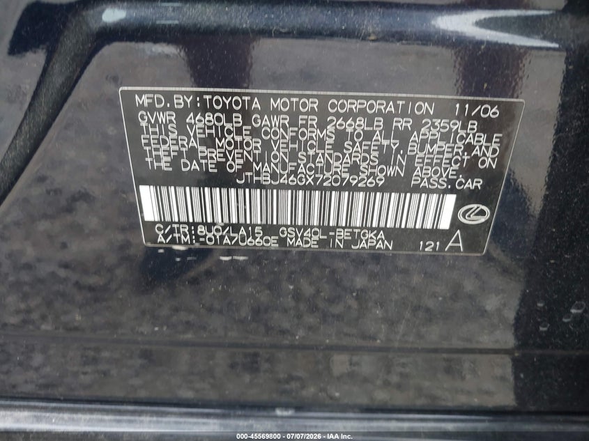 2007 Lexus Es 350 VIN JTHBJ46GX72079269 IAAI salvage auction — RIGHT FRONT, Salvage (North Carolina), sold $1,350 on 2026-07-31 (photo 9)