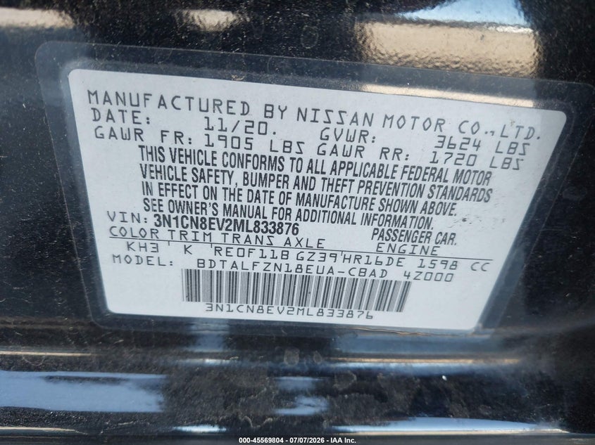 2021 Nissan Versa VIN 3N1CN8EV2ML833876 IAAI salvage auction — FRONT END, Clear - Dealer Only (California), sold $2,525 on 2026-07-23 (photo 9)