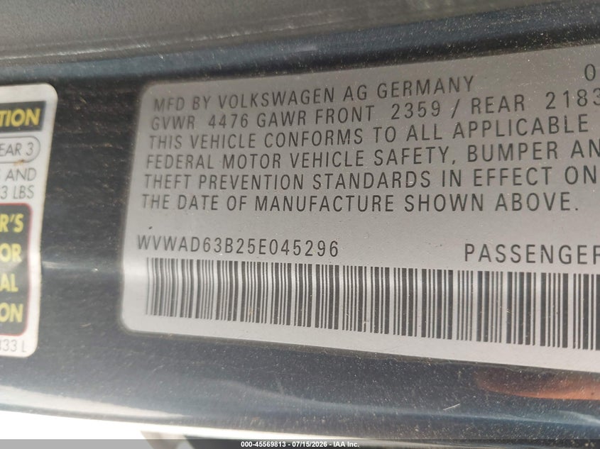 2005 Volkswagen Passat VIN WVWAD63B25E045296 IAAI salvage auction — NORMAL WEAR, Clear, sold $250 on 2026-07-20 (photo 9)