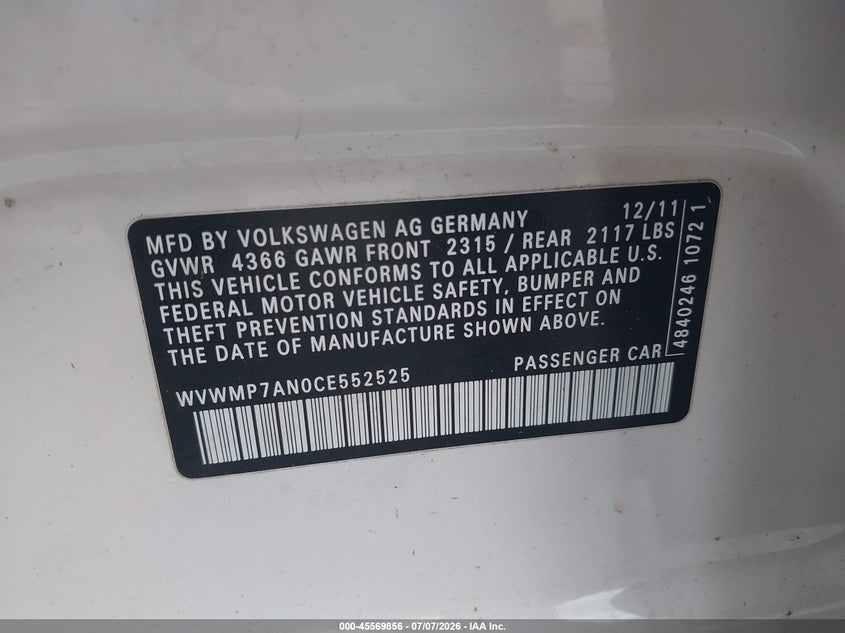 2012 Volkswagen Passat cc VIN WVWMP7AN0CE552525 IAAI salvage auction — NORMAL WEAR, Salvage Title, sold $625 on 2026-07-30 (photo 9)