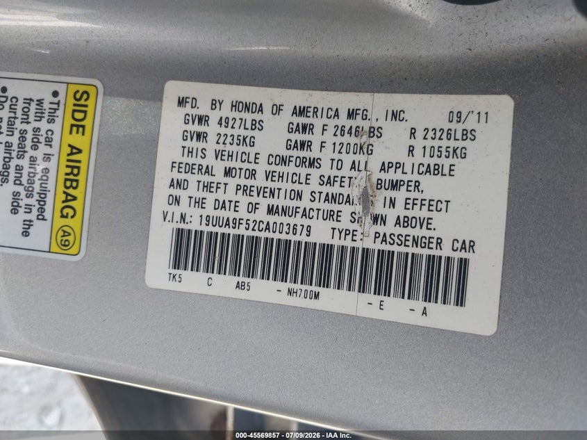 2012 Acura Tl VIN 19UUA9F52CA003679 IAAI salvage auction — FRONT END, Salvage (Georgia), sold $25 on 2026-09-07 (photo 9)