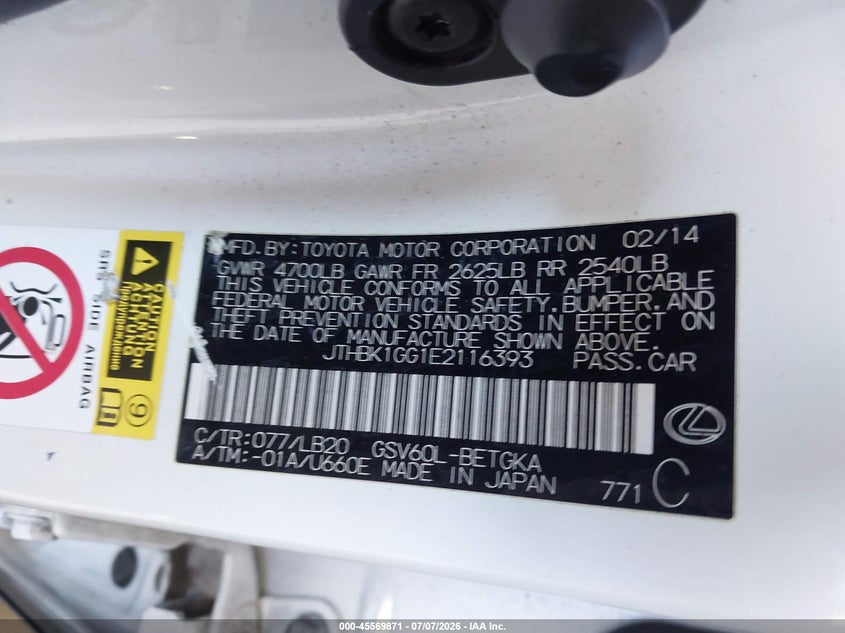 2014 Lexus ES VIN JTHBK1GG1E2116393 IAAI salvage auction — RIGHT FRONT, Salvage Title, sold $3,000 on 2026-07-23 (photo 9)