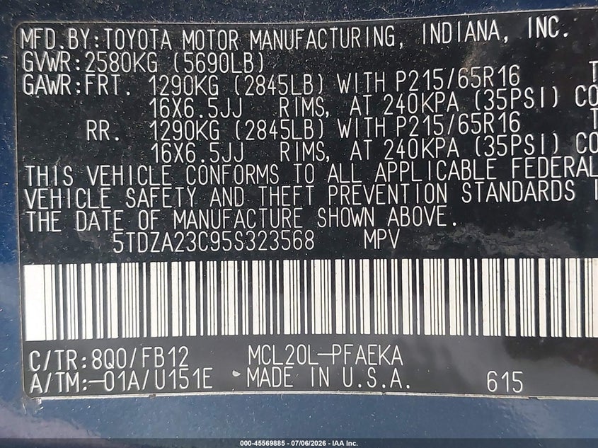2005 Toyota Sienna VIN 5TDZA23C95S323568 IAAI salvage auction — NORMAL WEAR, Clear (Maryland), sold $875 on 2026-07-28 (photo 9)