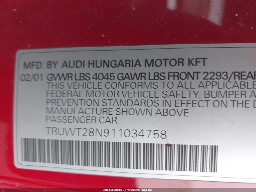 2001 Audi Tt VIN TRUWT28N911034758 IAAI salvage auction — NORMAL WEAR, Clear (Virginia), sold $25 on 2026-07-21 (photo 9)
