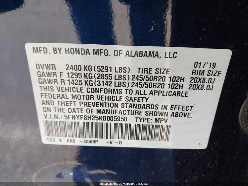 2019 Honda Passport VIN 5FNYF8H25KB005950 IAAI salvage auction — STORM DAMAGE, Salvage (New Jersey), sold $8,250 on 2026-08-24 (photo 9)