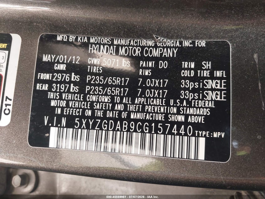 2012 Hyundai Santa fe VIN 5XYZGDAB9CG157440 IAAI salvage auction — NORMAL WEAR, Original (Texas), sold $1,100 on 2026-07-20 (photo 9)
