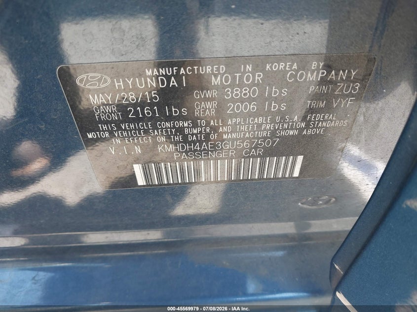 2016 Hyundai Elantra VIN KMHDH4AE3GU567507 IAAI salvage auction — REAR END, Salvage (North Carolina), sold $1,500 on 2026-07-29 (photo 9)