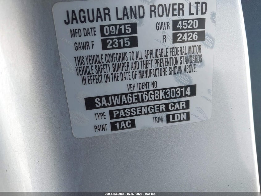2016 Jaguar F-type VIN SAJWA6ET6G8K30314 IAAI salvage auction — SIDE, Clear - Dealer Only (California), sold $15,500 on 2026-07-22 (photo 9)