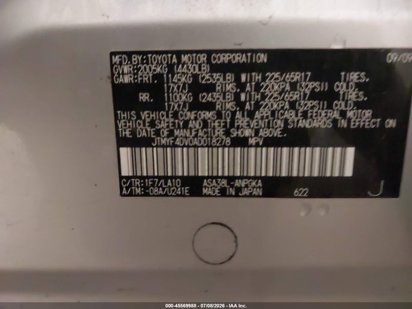 2010 Toyota Rav4 VIN JTMYF4DV0AD018278 IAAI salvage auction — NORMAL WEAR, Clear (Minnesota), sold $2,300 on 2026-07-29 (photo 9)