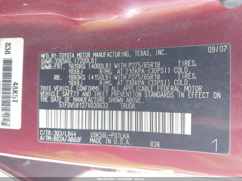 2007 Toyota Tundra VIN 5TFDV58127X030633 IAAI salvage auction — NORMAL WEAR, Clear (Louisiana), sold $2,550 on 2026-07-28 (photo 9)