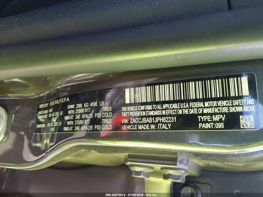 2018 Jeep Renegade VIN ZACCJBAB1JPH82231 IAAI salvage auction — RIGHT FRONT, Salvage Title, sold $225 on 2026-07-24 (photo 9)