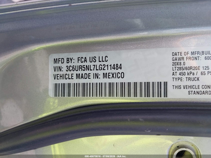 2020 Ram 2500 VIN 3C6UR5NL7LG211484 IAAI salvage auction — SIDE, Rebuildable (Florida), sold $21,100 on 2026-08-12 (photo 9)