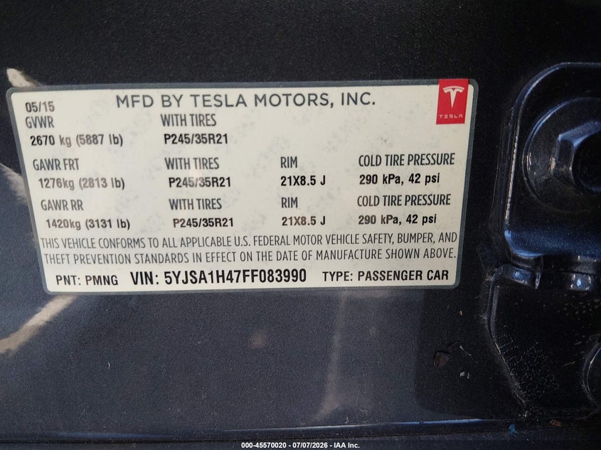 2015 Tesla Model s VIN 5YJSA1H47FF083990 IAAI salvage auction — FRONT END, Clear - Dealer Only (California), sold $9,100 on 2026-07-25 (photo 9)