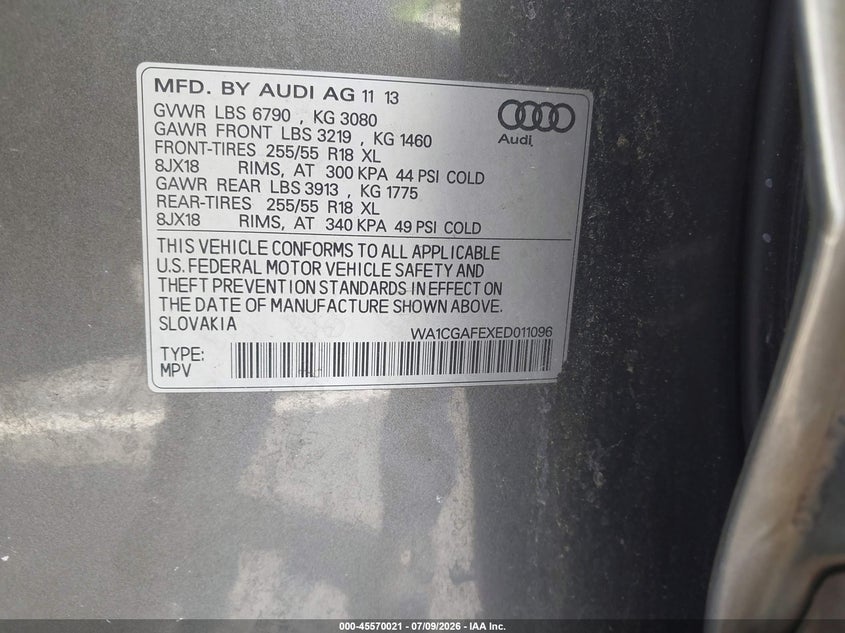 2014 Audi Q7 VIN WA1CGAFEXED011096 IAAI salvage auction — NORMAL WEAR, Salvage (South Carolina), sold $1,350 on 2026-07-29 (photo 9)