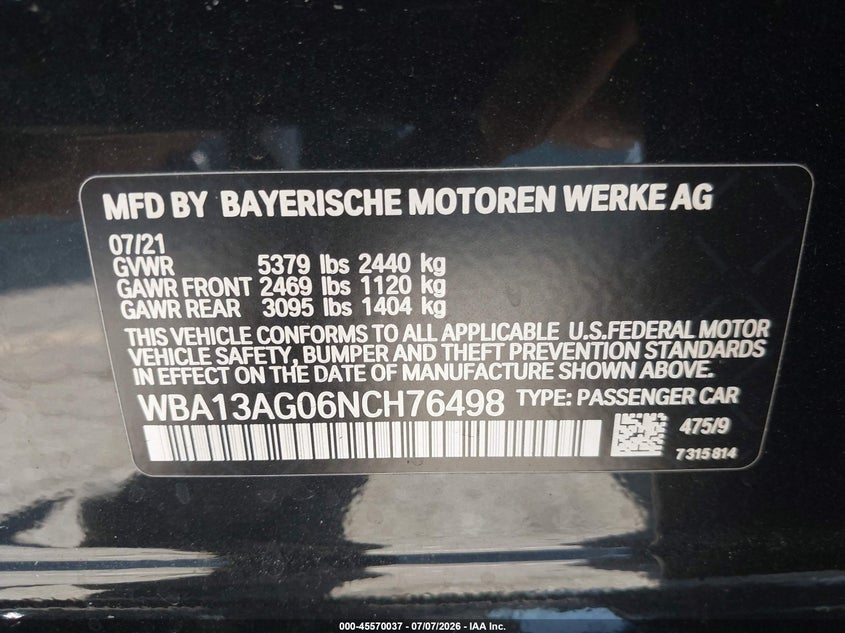 2022 BMW 5er VIN WBA13AG06NCH76498 IAAI salvage auction — FRONT END, Salvage (California), sold $11,100 on 2026-07-29 (photo 9)