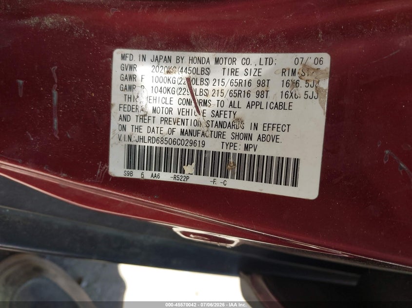 2006 Honda Cr-v VIN JHLRD68506C029619 IAAI salvage auction — NORMAL WEAR, Clear - Dealer Only (California), sold $400 on 2026-07-23 (photo 9)