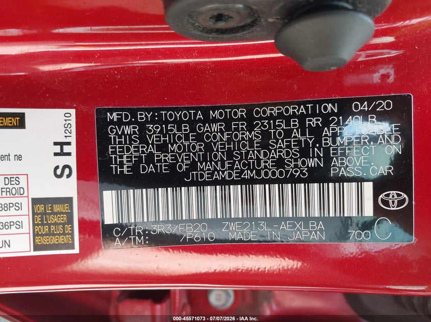 2021 Toyota Corolla VIN JTDEAMDE4MJ000793 IAAI salvage auction — WATER/FLOOD, Salvage Title, sold $4,600 on 2026-08-02 (photo 9)