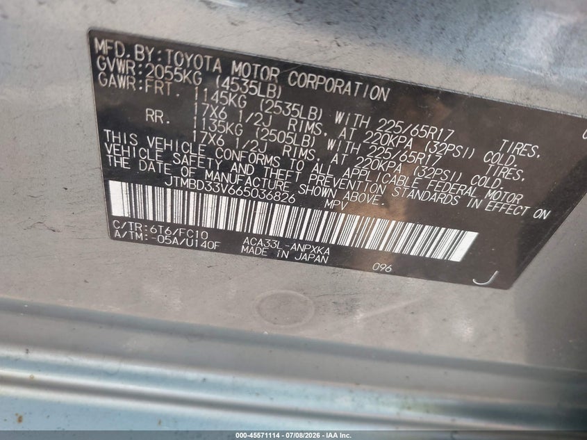 2006 Toyota Rav4 VIN JTMBD33V665036826 IAAI salvage auction — FRONT END, Clear (New York), sold $975 on 2026-07-28 (photo 9)