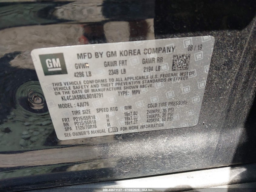 2020 Buick Encore VIN KL4CJASB0LB018791 IAAI salvage auction — FRONT END, Salvage Title, sold $1,050 on 2026-07-24 (photo 9)
