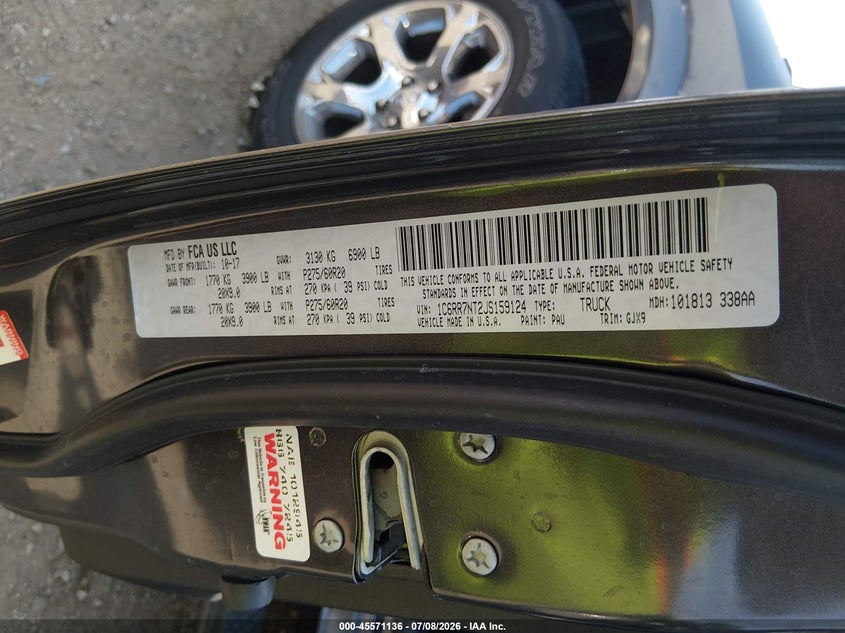 2018 Ram 1500 VIN 1C6RR7NT2JS159124 IAAI salvage auction — FRONT END, Salvage Title, sold $9,100 on 2026-08-03 (photo 9)