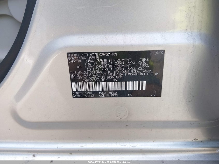 2009 Toyota Rav4 VIN JTMBF33V395015057 IAAI salvage auction — FRONT & REAR, Salvage - Greater Than 75% (Maryland), sold $1,300 on 2026-08-02 (photo 9)