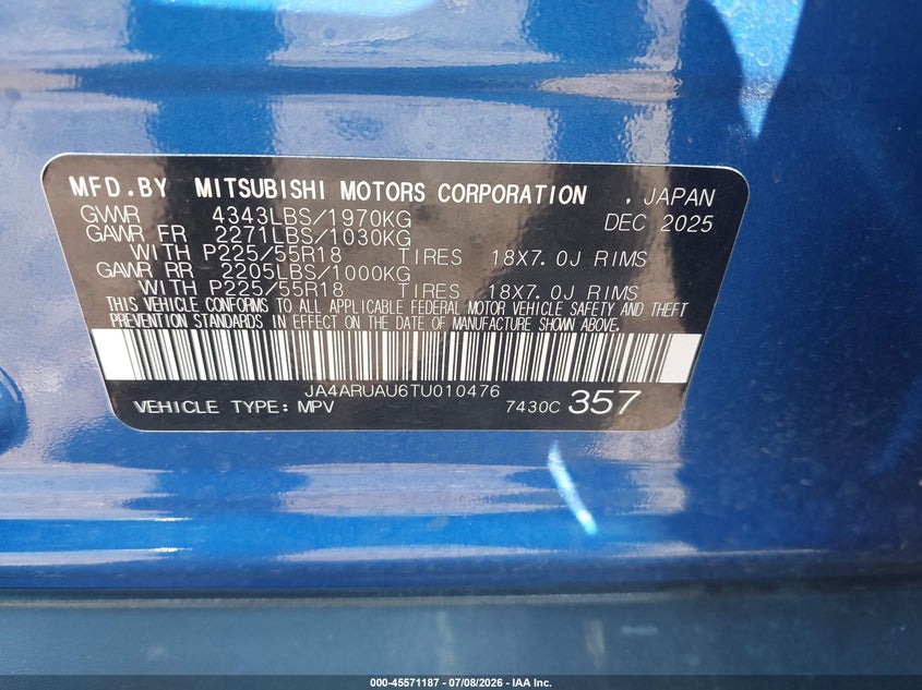 2026 Mitsubishi Outlander VIN JA4ARUAU6TU010476 IAAI salvage auction — FRONT END, Salvage Title, sold $2,200 on 2026-07-15 (photo 9)