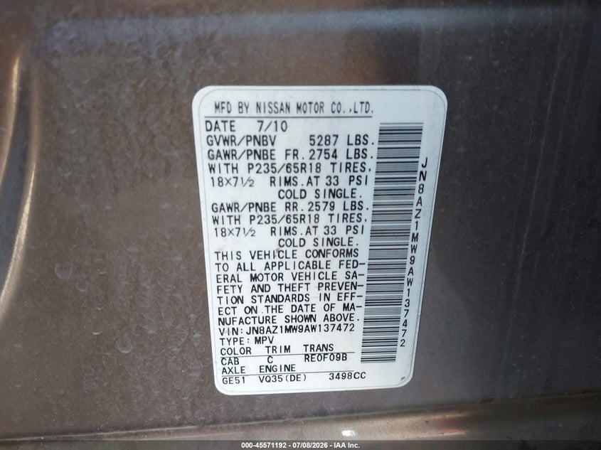 2010 Nissan Murano VIN JN8AZ1MW9AW137472 IAAI salvage auction — FRONT END, Bill Of Sale (Washington), sold $325 on 2026-07-28 (photo 9)