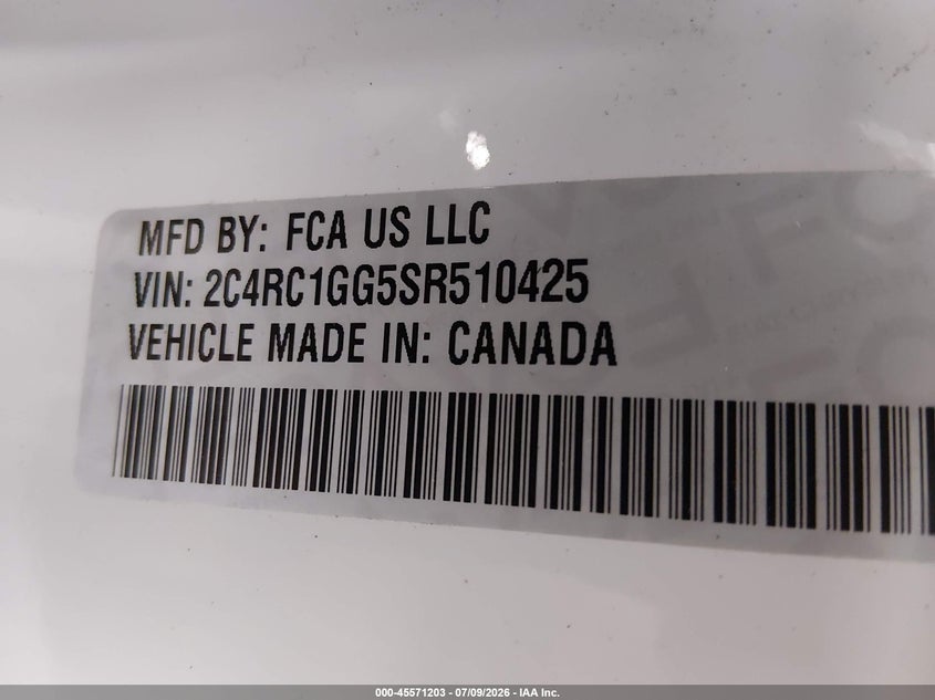 2025 Chrysler Pacifica VIN 2C4RC1GG5SR510425 IAAI salvage auction — FRONT END, Salvage Title, sold $14,600 on 2026-07-26 (photo 9)