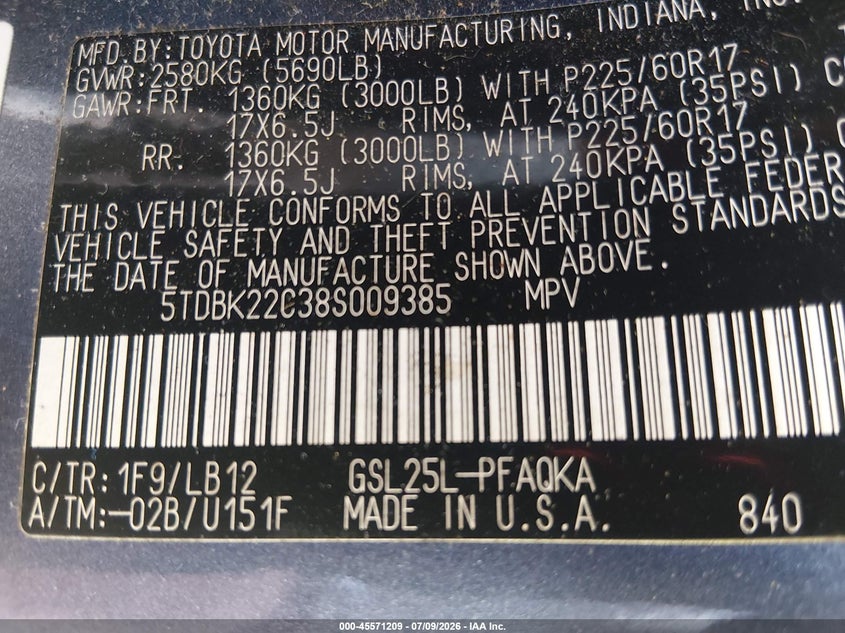 2008 Toyota Sienna VIN 5TDBK22C38S009385 IAAI salvage auction — NORMAL WEAR, Clear (Virginia), sold $25 on 2026-07-20 (photo 9)