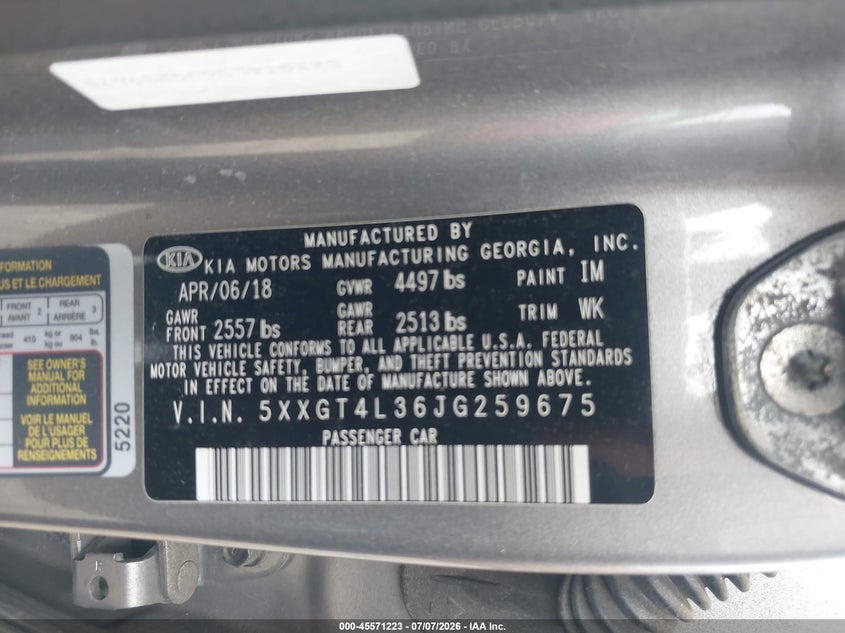 2018 Kia Optima VIN 5XXGT4L36JG259675 IAAI salvage auction — REAR END, Clear (Virginia), sold $25 on 2026-07-28 (photo 9)