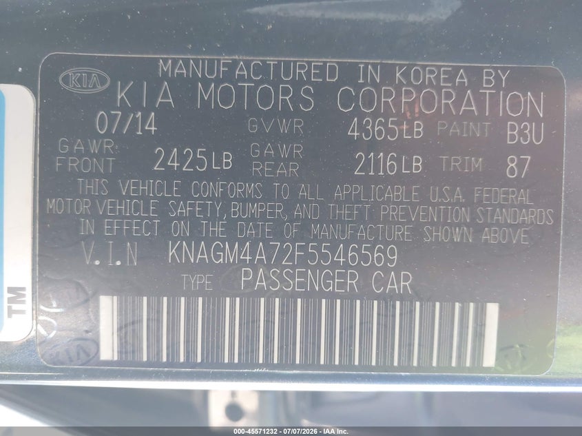 2015 Kia Optima VIN KNAGM4A72F5546569 IAAI salvage auction — FRONT END, Salvage (California), sold $650 on 2026-07-16 (photo 9)