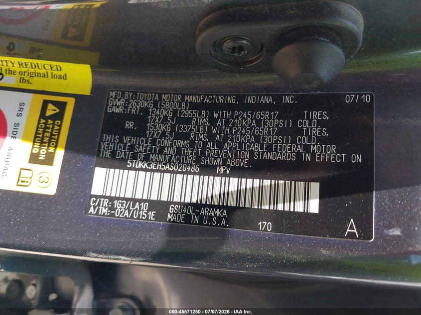 2010 Toyota Highlander VIN 5TDKK3EH5AS020486 IAAI salvage auction — NORMAL WEAR, Clear (Alabama), sold $3,075 on 2026-07-09 (photo 9)