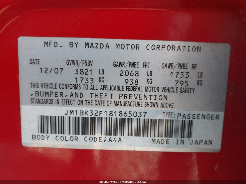2008 Mazda 3 VIN JM1BK32F181865037 IAAI salvage auction — NORMAL WEAR, Clear (Florida), sold $300 on 2026-07-16 (photo 9)