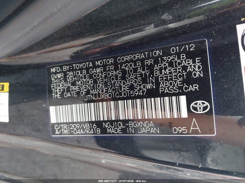 2012 Scion Iq VIN JTNJJXB01CJ015947 IAAI salvage auction — NORMAL WEAR, Clear (New York), sold $525 on 2026-07-21 (photo 9)