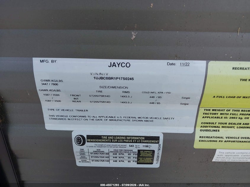 2023 Jayco Other VIN 1UJBC0BR1P17S0245 IAAI salvage auction — ROOF, Rebuildable (Florida), sold $5,100 on 2026-07-29 (photo 9)
