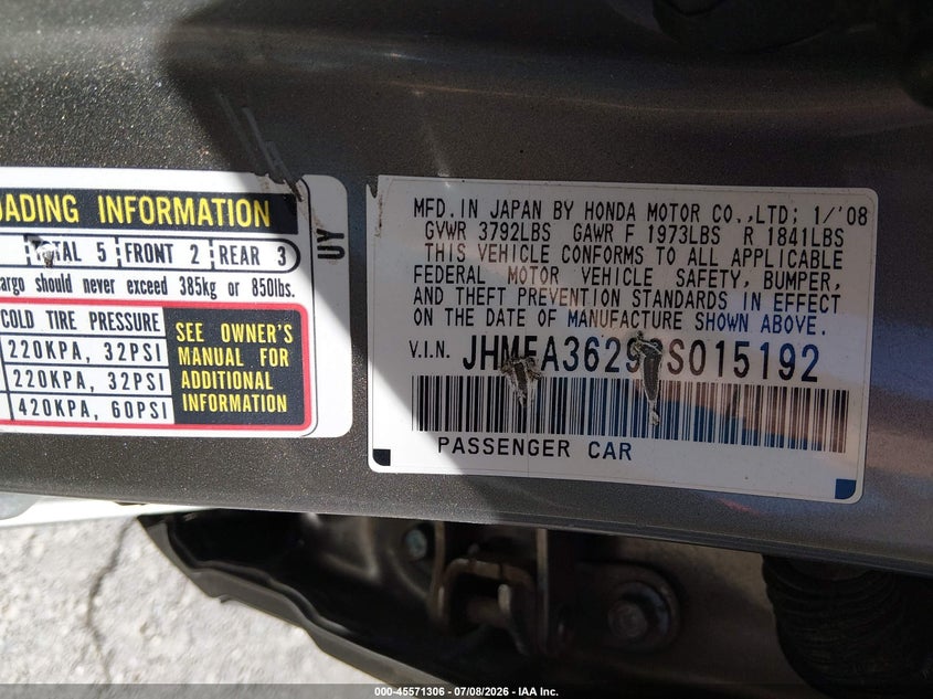 2008 Honda Civic hybrid VIN JHMFA36298S015192 IAAI salvage auction — SIDE, Salvage (Utah), sold $550 on 2026-07-30 (photo 9)