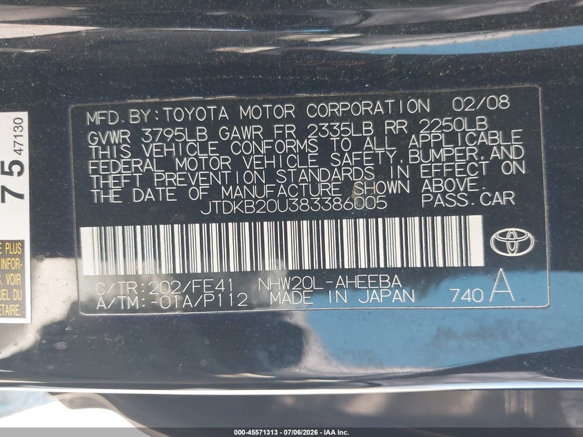 2008 Toyota Prius VIN JTDKB20U383386005 IAAI salvage auction — NORMAL WEAR, Clear - Dealer Only (California), sold $525 on 2026-07-29 (photo 9)