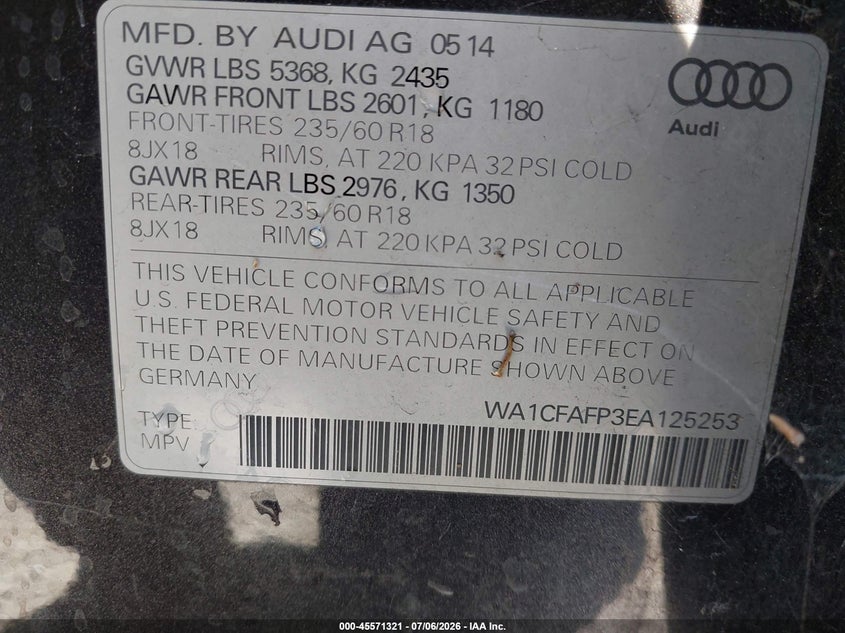 2014 Audi Q5 VIN WA1CFAFP3EA125253 IAAI salvage auction — NORMAL WEAR, Salvage Title, sold $1,300 on 2026-07-20 (photo 9)