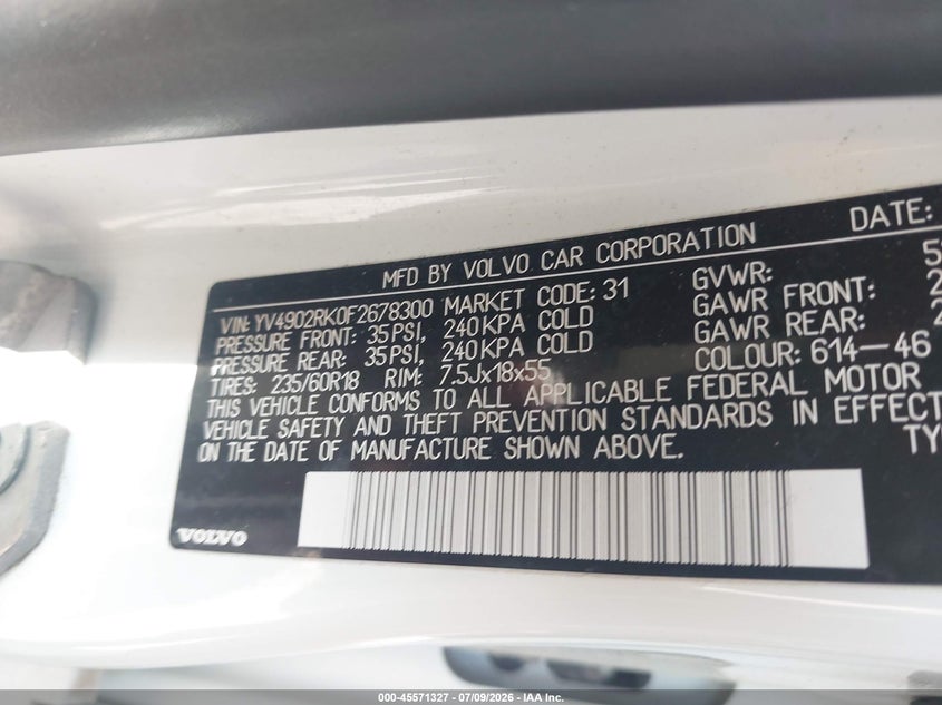 2015 Volvo Xc60 VIN YV4902RK0F2678300 IAAI salvage auction — FRONT END, Salvage Title, sold $400 on 2026-08-04 (photo 9)