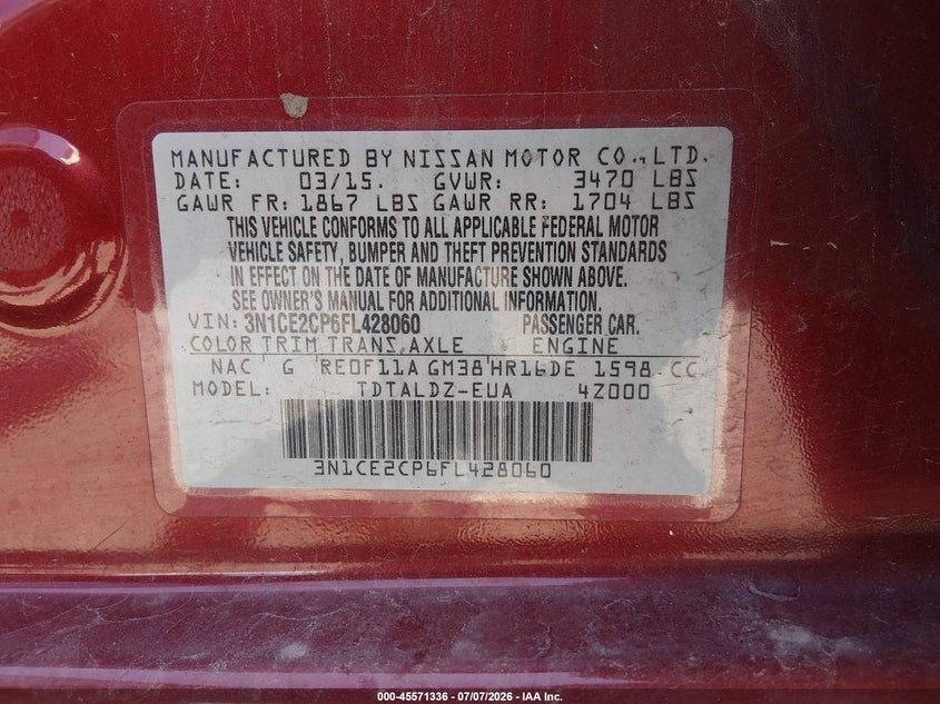 2015 Nissan Versa VIN 3N1CE2CP6FL428060 IAAI salvage auction — NORMAL WEAR, Clear (California), sold $675 on 2026-07-24 (photo 9)